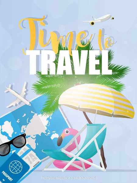 是时候旅行了横幅是蓝色的 世界地图 太阳镜 飞机缩略图 海滩甲板椅子和伞 粉红火烈鸟形状的可充气圆圈 — 图库照片