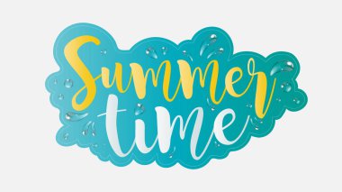 Yaz zamanı el yazısı yazı tipi. Gerçekçi su sıçramaları. Yaz temalı afişler ve posterler için güzel harfler. Vektör illüstrasyonu.