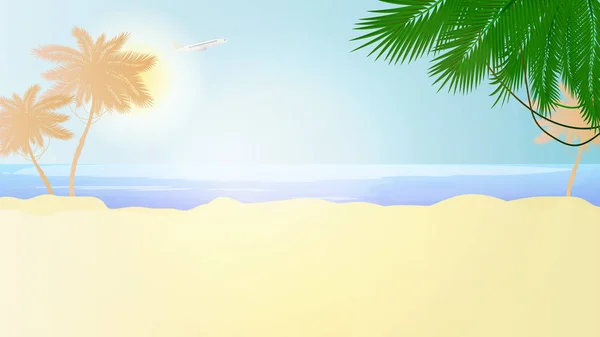 Ηλιόλουστη Παραλία Επίπεδο Στυλ Φοίνικες Άμμος Θάλασσα Ουρανός Και Ήλιος — Διανυσματικό Αρχείο