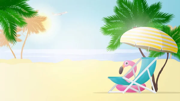 Vektorillustration Eines Strandes Liegestuhl Und Sonnenschirm Mit Gelben Streifen Palmen — Stockvektor