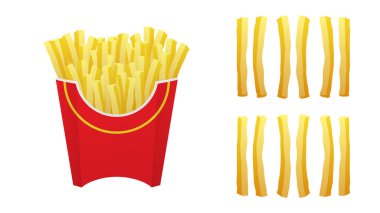 Kırmızı kutuda patates kızartması. Beyaz arka planda izole edilmiş patates kızartması seti. Vektör illüstrasyonu.