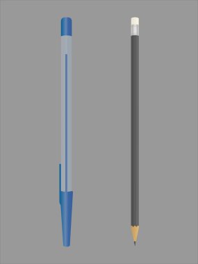 Realistic blue pen. Black pencil with eraser on the end. Vector illustration. clipart