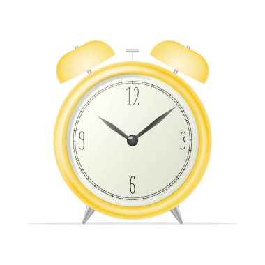 Gerçekçi masa saati. Sarı retro alarm saati beyaz arka planda izole edilmiş. Retro izleme. Rüzgarlı resimleme.