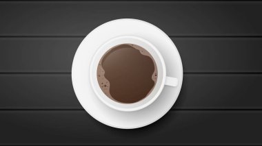 Masanın üstünde bir fincan kahve. Resmin ortasında kahve bardağı olan beyaz bardak. Siyah arka plan. Espresso, Americano. Vektör illüstrasyonu.
