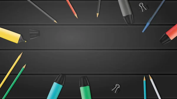Tableaux Noirs Fond Papeterie Marqueurs Surligneurs Crayons Stylos Contexte Avec — Image vectorielle