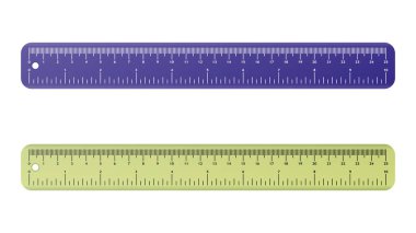  25 cm 'lik cetvelin vektör çizimi. Yeşil ve mor renkli cetvel. Beyaz bir arkaplanda izole edilmiş.