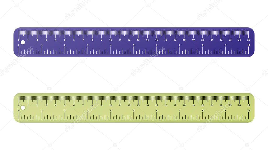  Vector illustration of a 25 cm ruler. Ruler in green and purple. Isolated on a white background.