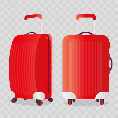 Gerçekçi taşıyıcı seyahat valizi. Şeffaf bir arka planda turizm için kırmızı seyahat valizi.