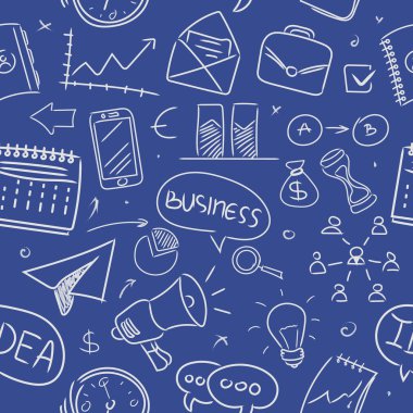 Kusursuz desen. Mavi arka planda büyük el çizimi iş simgeleri. Doodle tarzı.