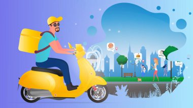 Yemek dağıtım afişi. Sırtında bir kutuyla scooter süren bir adam. Ekolojik gıda teslimatı konsepti. Teslimatla parktan geçen bir motosiklet. İnsanların yanına park et. Vektör illüstrasyonu