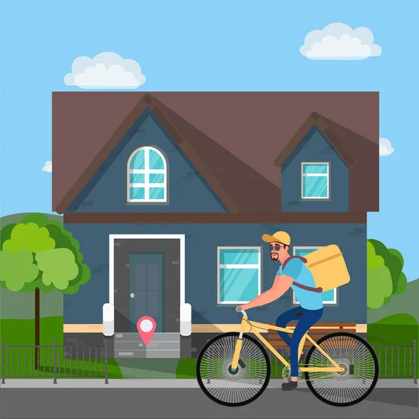 Entregador Comida Numa Bicicleta Entrega Comida Para Casa Ilustração Vetorial — Vetor de Stock