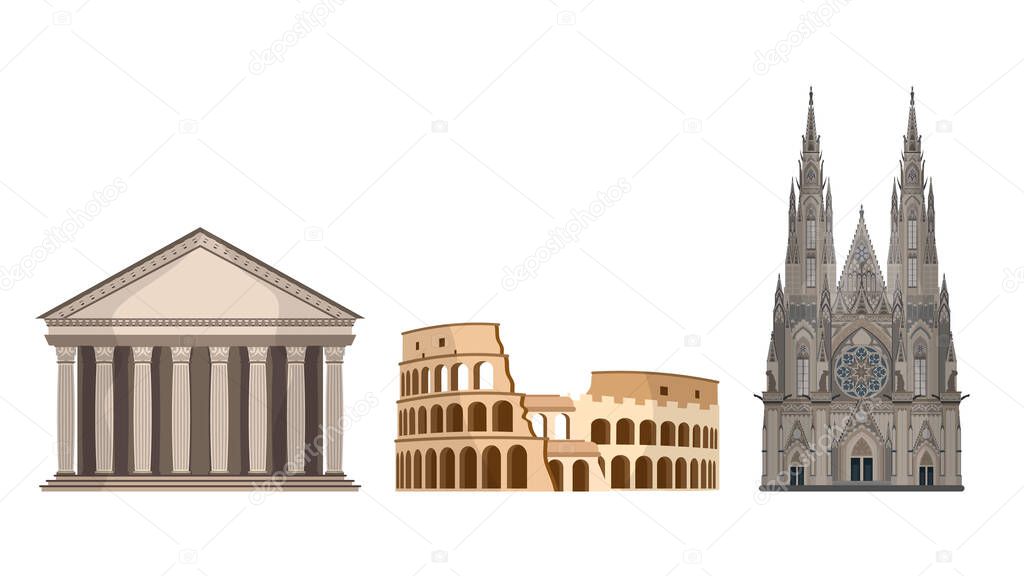 Set of world landmarks isolated on a white background. Colosseum and Pantheon in Rome. St. Vitus Cathedral in Prague.