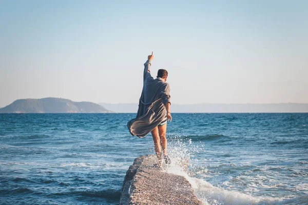 Happy Young Man Dancing Dock Beach — Stock Photo, Image