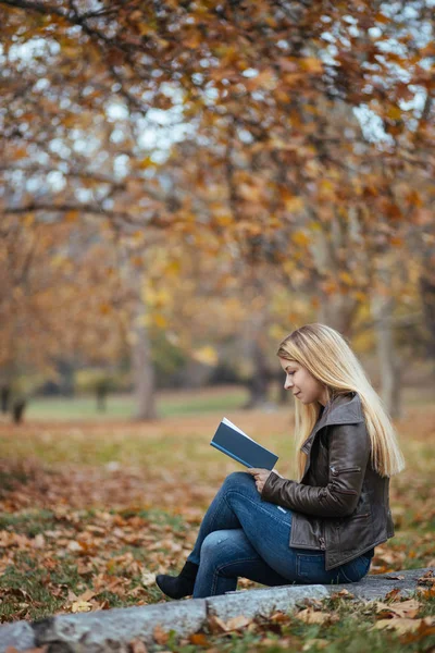 Осенью Молодая Женщина Читает Книгу Парке — стоковое фото