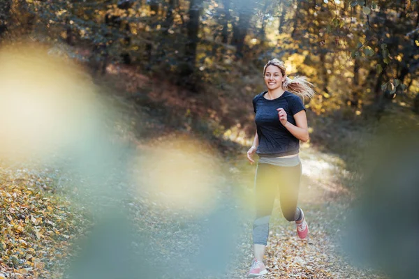 Young Sporty Woman Running Woods Autumn — Stock Photo, Image