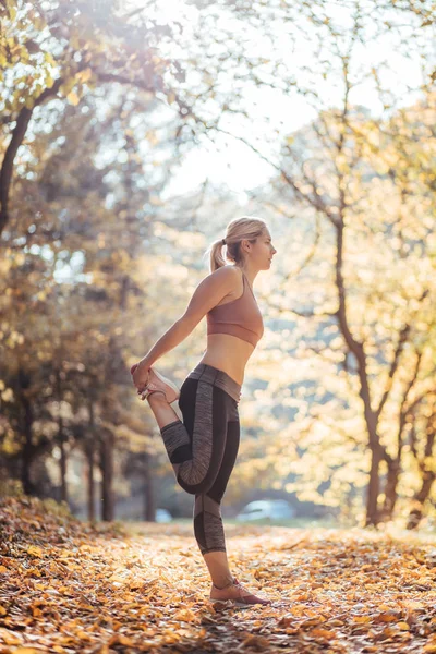 Young Sporty Woman Stretching Workout Park Autumn — Stock Photo, Image