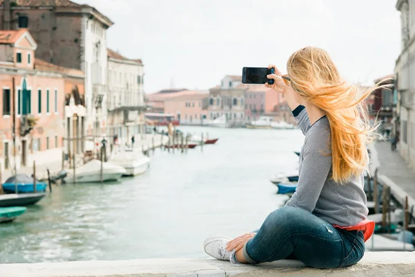 Young Woman Taking Phone Bridge Murano Venice Italy — Stock Photo, Image