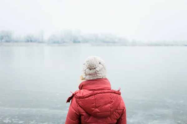 Back View Woman Looking Frozen Lake Winter Morning — Stock Photo, Image