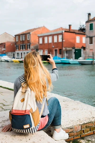 Young Female Traveler Canal Murano Venice Italy Taking Photo Her — Stock Photo, Image
