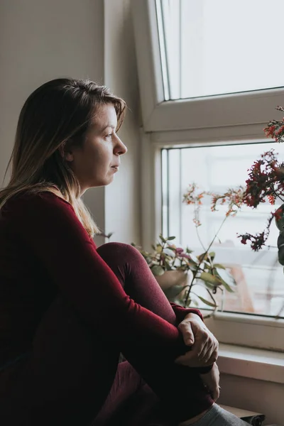 Young Worried Woman Looking Window — Stock Photo, Image