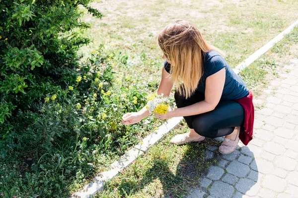 Young Woman Picking Wild Flowers Sidewalk — Stock Photo, Image