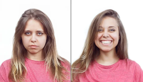 Portrait Caucasian Blond Girl Pink Shirt Sad Cheerful Smile Affects — Stock Photo, Image