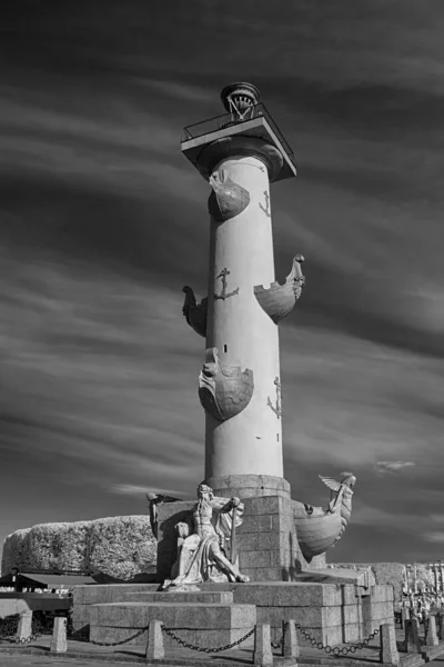 Rusya 'nın Saint-Petersburg kentindeki Neva nehrindeki Vasilievsky adasındaki iki kürsüden birinin manzarası