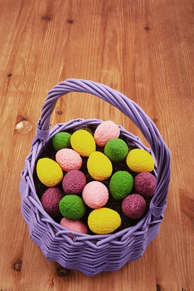 Lavender Easter Basket Wooden Background — Stock Photo, Image