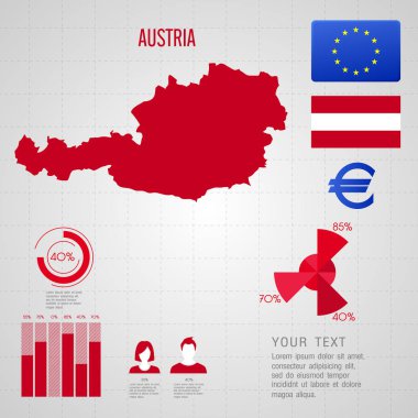 Avusturya bayrağı. Dünya Haritası. Seyahat vektör çizim.
