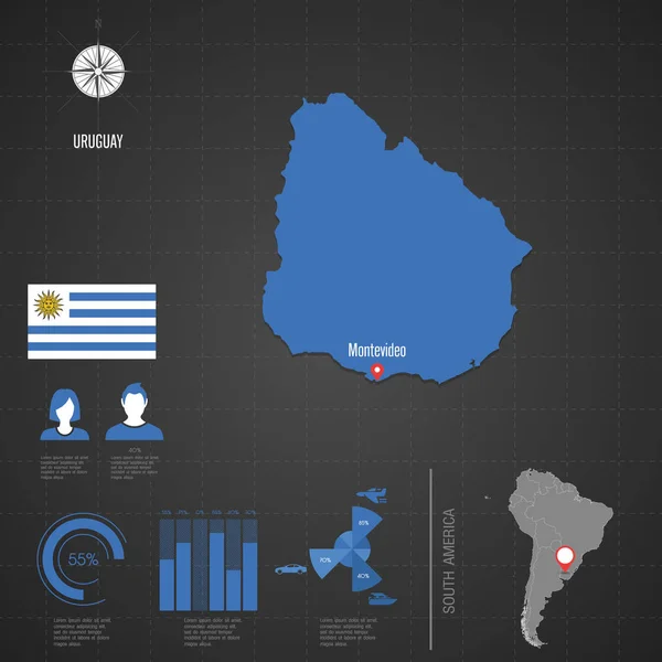 乌拉圭的世界地图。旅行矢量图 — 图库矢量图片