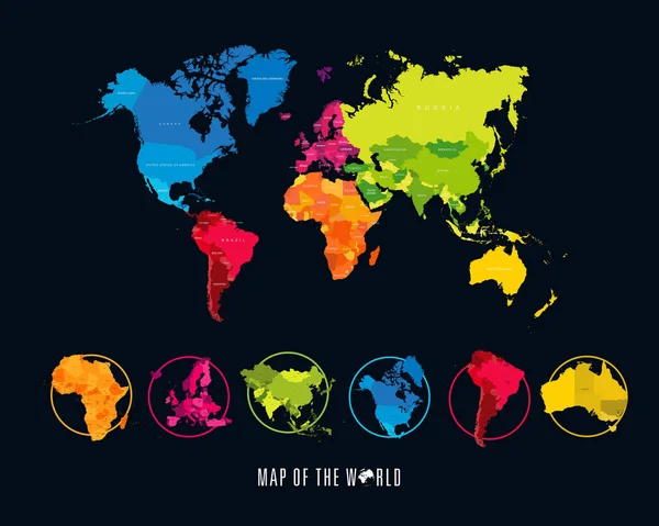 Carte du monde avec différents continents colorés - Illustration — Image vectorielle