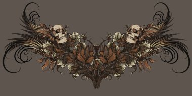 Dekoratif desenli ve kanatlı kafatasları