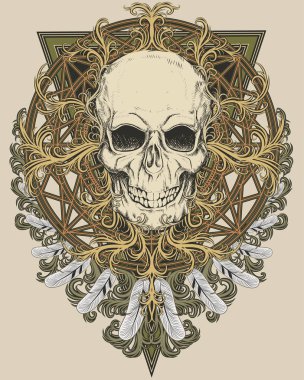 Renkli arka planda tüyleri olan renkli kafatası. Vektör illüstrasyonu