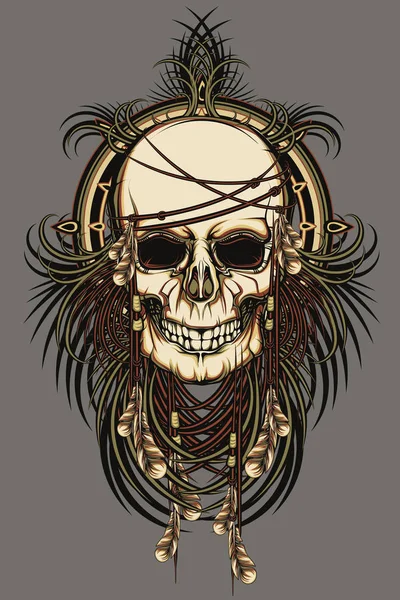 Cráneo Pirata Color Vectorial Con Ilustración Plumas — Archivo Imágenes Vectoriales