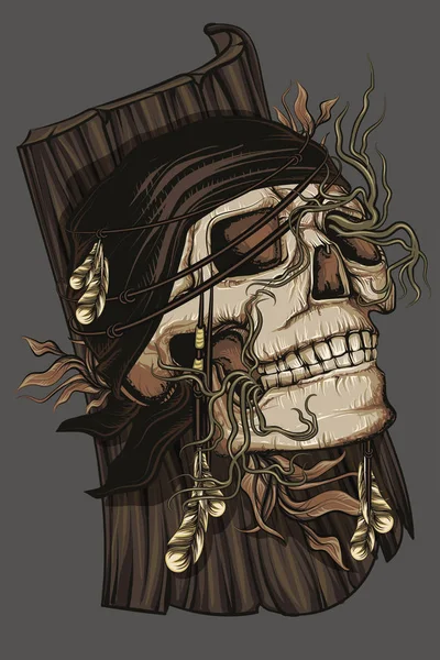 带羽毛插图的矢量彩绘海盗骷髅 — 图库矢量图片
