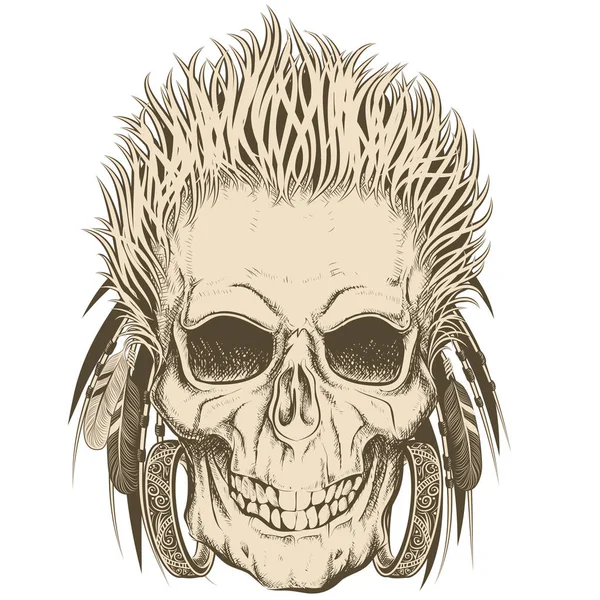 Cráneo Con Plumas Diseño Tatuaje Ilustración Vectorial — Vector de stock