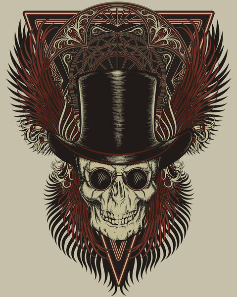 Skull with feathers tattoo design. Vector illustration