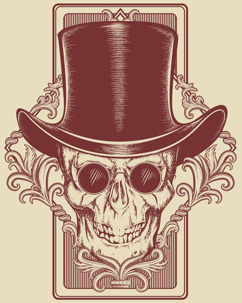 skull in cylinder hat on color background