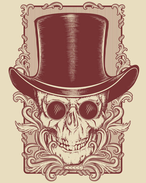 skull in cylinder hat on color background