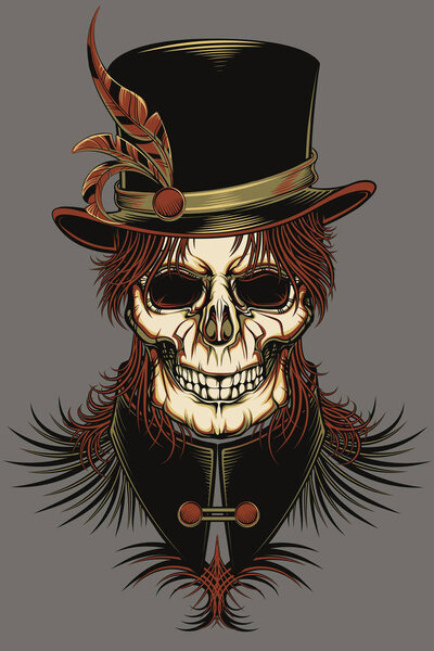 skull in cylinder hat on color background