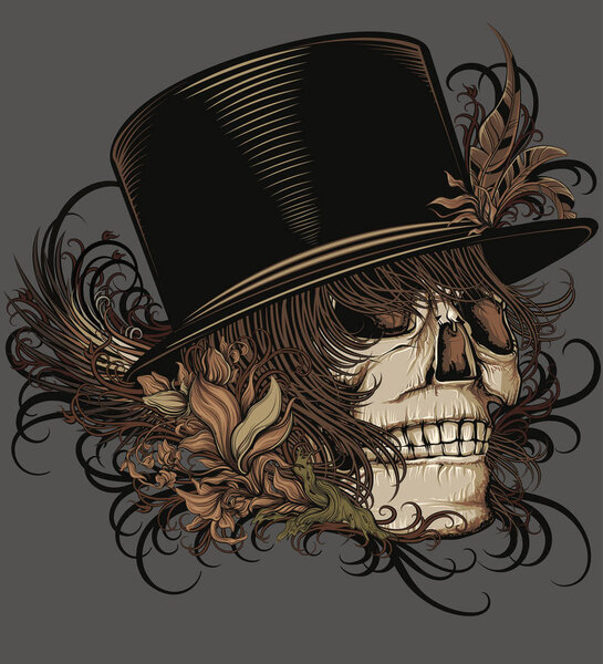 Skull with feathers tattoo design. Vector illustration