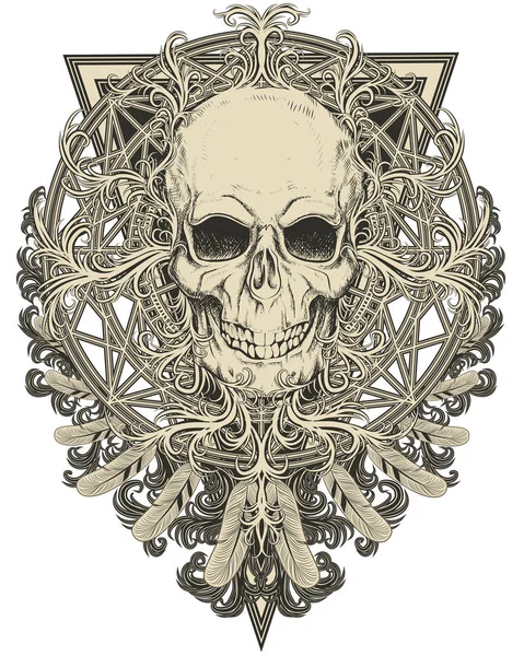 Tattoo Design Skull Feathers Vector Illustration — Stock Vector