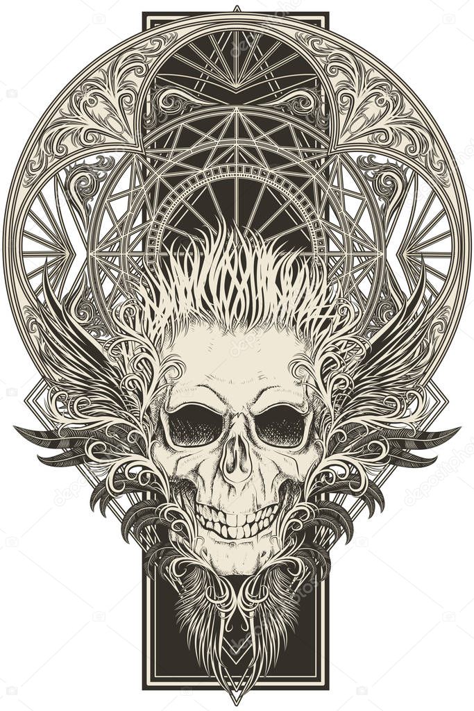 Abstract color skull with feathers. Vector illustration