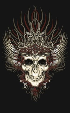 Kafatasında tüy olan dövme tasarımı. Vektör illüstrasyonu