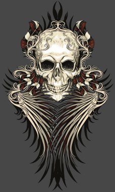 Dekoratif desenli ve kanatlı kafatasları