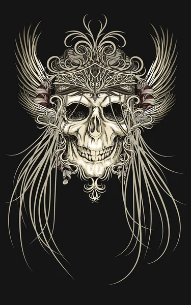 Diseño Tatuaje Con Cráneo Con Plumas Ilustración Vectorial — Archivo Imágenes Vectoriales
