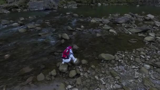Dziewczyna Czerpie Wodę Górskiej Rzeki Wycieczka Góry Karpaty Widok Lotu — Wideo stockowe