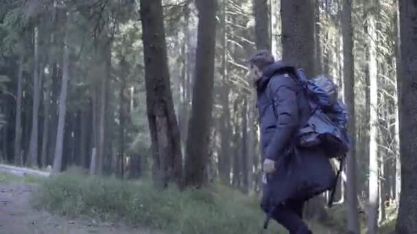 観光客の男は悲しみの中一人で冒険を求めて川の近く 森の中 山の頂上まで歩き — ストック動画