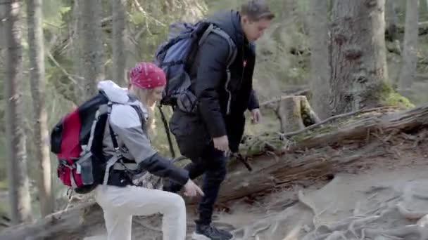 Tipo Con Una Chica Excursión Cima Montaña Través Del Río — Vídeo de stock