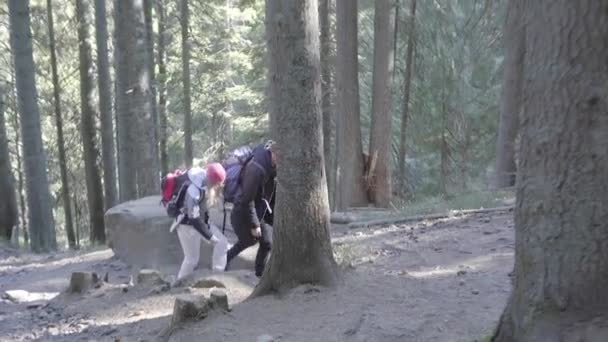 Cara Com Uma Menina Vai Uma Caminhada Para Topo Montanha — Vídeo de Stock